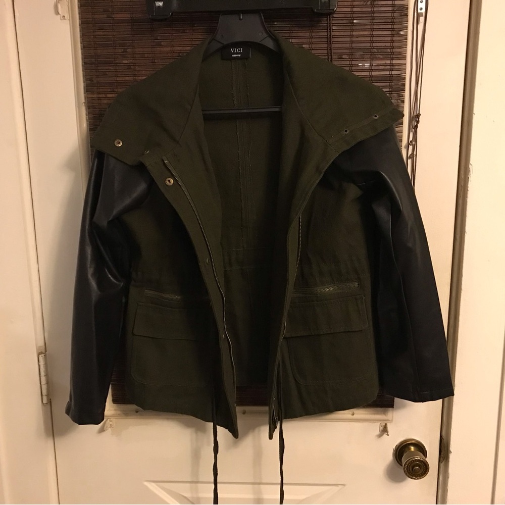 Vici Jacket Coat with Faux Vegan Leather Sleeves Color: Black/Green Size: M
